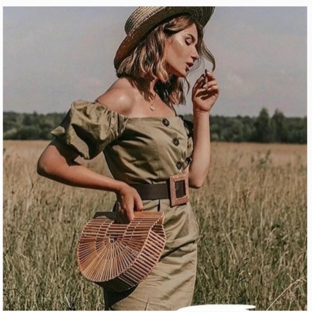 Zara Olive Green Twill Off Shoulder Midi Dress Size M